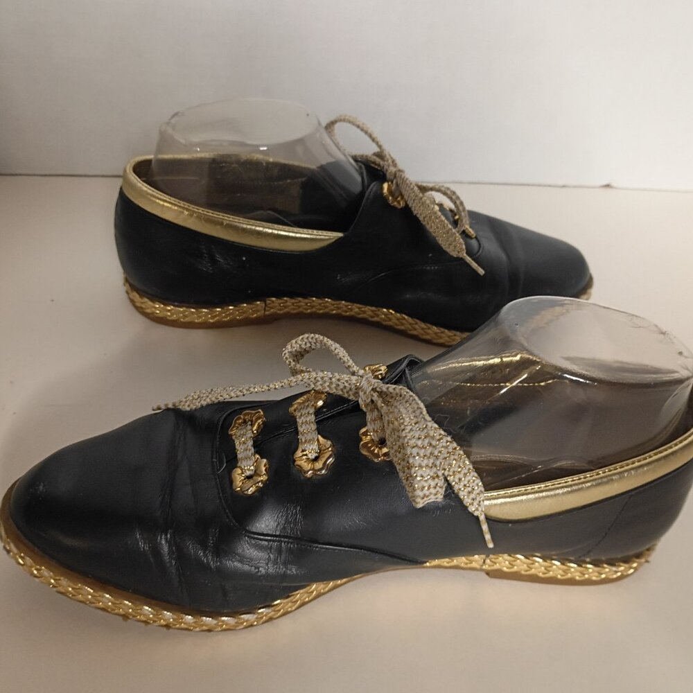 Y2K BALLY "Jallut" Italian Oxford Flats Black Leather Gold Trim Sz 9M - Picture 8 of 15